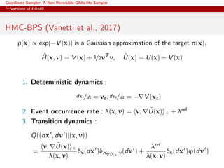 Coordinate Sampler: A Non-Reversible Gibbs-like Sampler
Versions of PDMP
HMC-BPS (Vanetti et al., 2017)
ρ(x) ∝ exp{−V (x)} is a Gaussian approximation of the target π(x).
^H(x, v) = V (x) + 1/2vT
v, ˜U(x) = U(x) − V (x)
1. Deterministic dynamics :
dxt/dt = vt, dvt/dt = − V (xt)
2. Event occurrence rate : λ(x, v) = v, ˜U(x) + + λref
3. Transition dynamics :
Q((dx , dv )|(x, v))
=
v, ˜U(x) +
λ(x, v)
δx(dx )δR ˜U(x)v(dv ) +
λref
λ(x, v)
δx(dx )ϕ(dv )
 