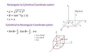 Rectangular to Cylindrical Coordinate system
• 𝜌 = 𝑥2 + 𝑦2
• ∅ = 𝑡𝑎𝑛−1
(𝑦 ⁄ 𝑥)
• 𝑧 = 𝑧
• Sin ∅=
𝑦
𝜌
, Cos ∅=
𝑥
𝜌
, z=z
• X= 𝜌. Cos ∅
• y= 𝜌. Sin ∅
• Z=z
Cylindrical to Rectangular Coordinate system
 