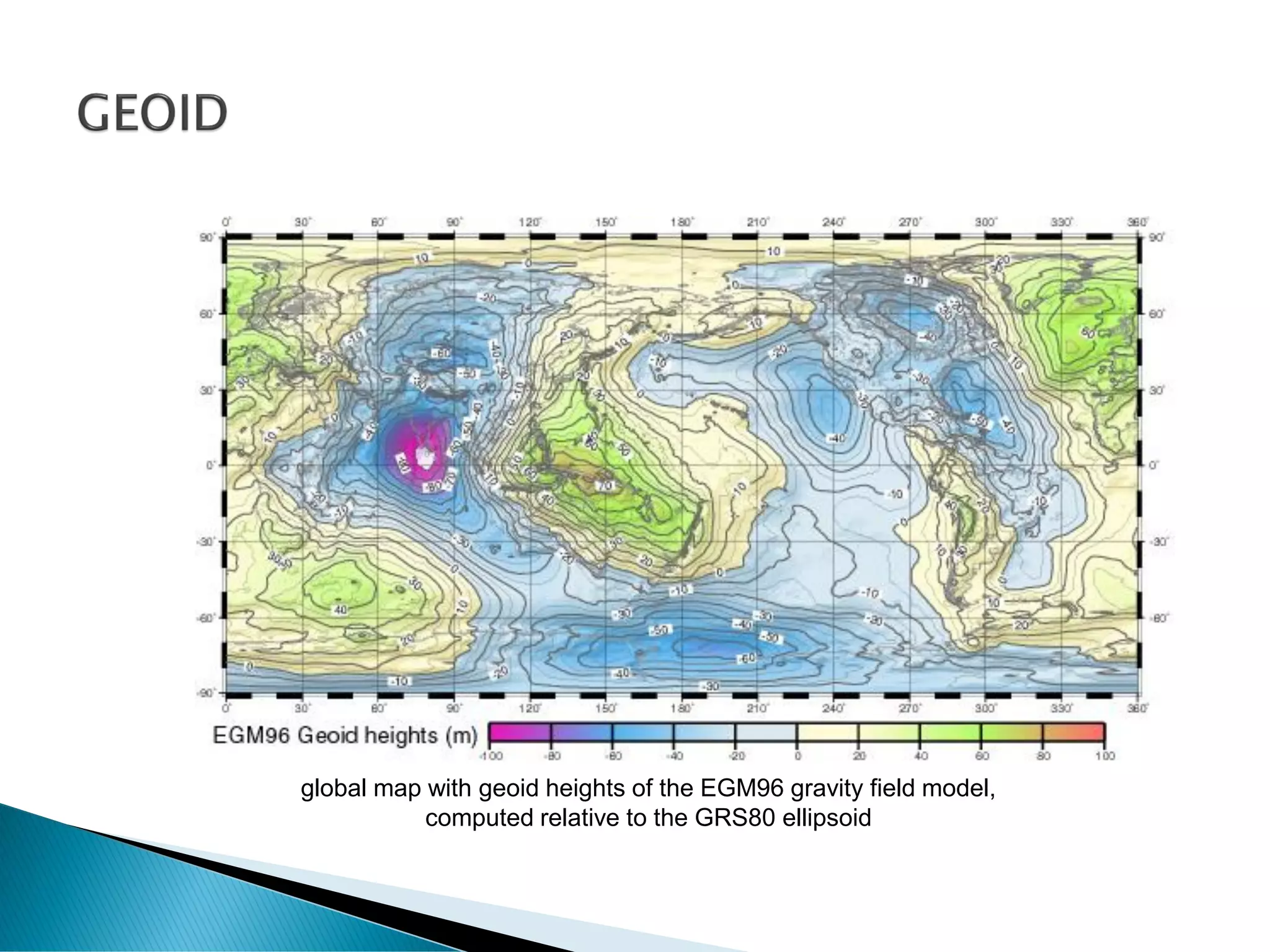 global map with geoid heights of the EGM96 gravity field model,
computed relative to the GRS80 ellipsoid
 