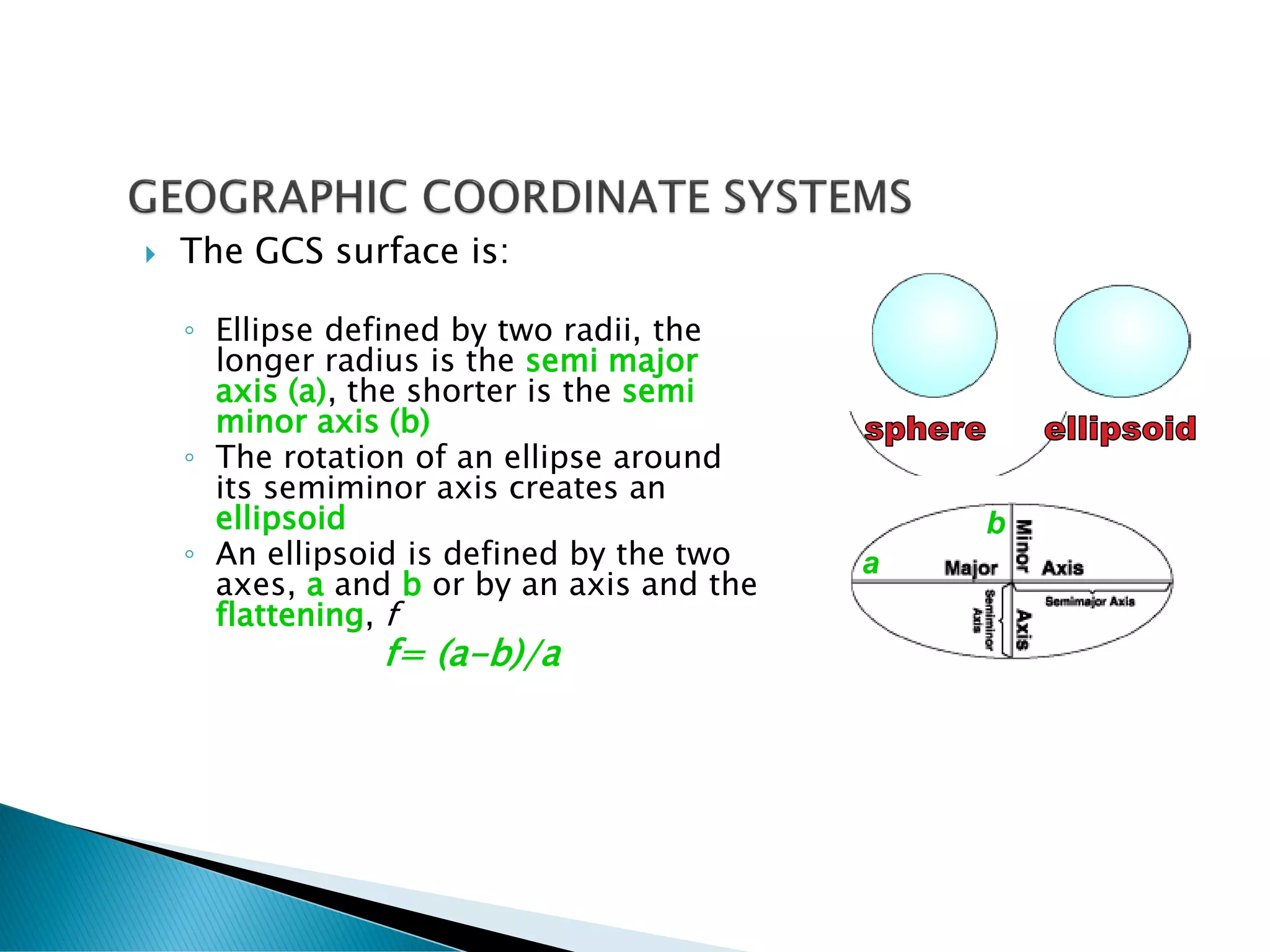  The GCS surface is:
◦ Ellipse defined by two radii, the
longer radius is the semi major
axis (a), the shorter is the semi
minor axis (b)
◦ The rotation of an ellipse around
its semiminor axis creates an
ellipsoid
◦ An ellipsoid is defined by the two
axes, a and b or by an axis and the
flattening, f
f= (a-b)/a
a
b
 