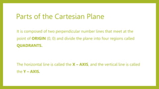 Parts of the Cartesian Plane
It is composed of two perpendicular number lines that meet at the
point of ORIGIN (0, 0) and divide the plane into four regions called
QUADRANTS.
The horizontal line is called the X – AXIS, and the vertical line is called
the Y – AXIS.
 