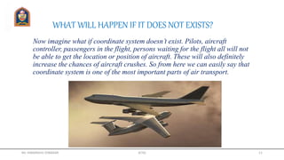 Now imagine what if coordinate system doesn’t exist. Pilots, aircraft
controller, passengers in the flight, persons waiting for the flight all will not
be able to get the location or position of aircraft. These will also definitely
increase the chances of aircraft crushes. So from here we can easily say that
coordinate system is one of the most important parts of air transport.
WHAT WILL HAPPEN IF IT DOES NOT EXISTS?
Mr. HIMANSHU DIWAKAR JETGI 11
 
