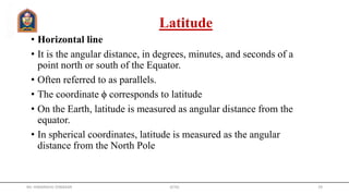 Latitude
• Horizontal line
• It is the angular distance, in degrees, minutes, and seconds of a
point north or south of the Equator.
• Often referred to as parallels.
• The coordinate ϕ corresponds to latitude
• On the Earth, latitude is measured as angular distance from the
equator.
• In spherical coordinates, latitude is measured as the angular
distance from the North Pole
Mr. HIMANSHU DIWAKAR JETGI 29
 