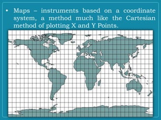 • Maps – instruments based on a coordinate
system, a method much like the Cartesian
method of plotting X and Y Points.
 