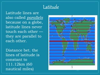 Latitude
Latitude lines are
also called parallels
because on a globe,
latitude lines never
touch each other —
they are parallel to
each other.
Distance bet. the
lines of latitude is
constant to
111.12km (60
nautical miles)
Latitude
 