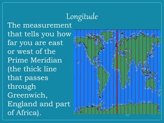 Longitude
The measurement
that tells you how
far you are east
or west of the
Prime Meridian
(the thick line
that passes
through
Greenwich,
England and part
of Africa).
 