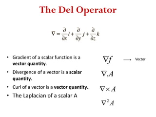 • Gradient of a scalar function is a
vector quantity.
• Divergence of a vector is a scalar
quantity.
• Curl of a vector is a vector quantity.
• The Laplacian of a scalar A
f Vector
A.
A
A2

The Del Operator
 