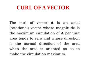 CURL OF AVECTOR
The curl of vector A is an axial
(rotational) vector whose magnitude is
the maximum circulation of A per unit
area tends to zero and whose direction
is the normal direction of the area
when the area is oriented so as to
make the circulation maximum.
 