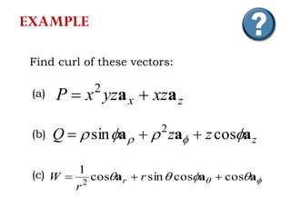 zx xzyzxP aa  2
zzzQ aaa   cossin 2

  aaa coscossincos
1
2
 r
r
W r
(a)
(b)
(c)
Find curl of these vectors:
EXAMPLE
 