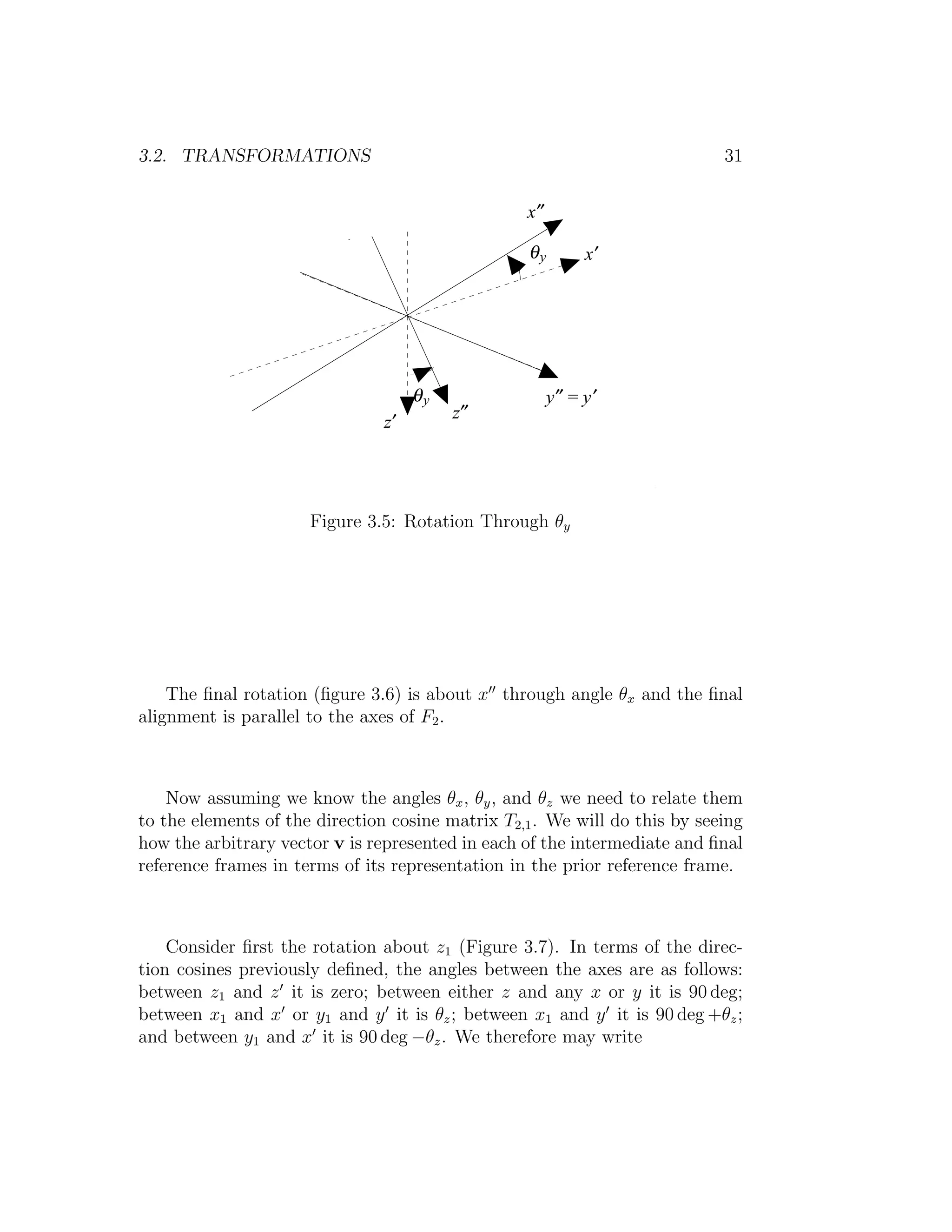 3.2. TRANSFORMATIONS                                                        31


                                                  x″

                                                   θy        x′




                                     θy                 y″ = y′
                                          z″
                                z′




                      Figure 3.5: Rotation Through θy




    The ﬁnal rotation (ﬁgure 3.6) is about x through angle θx and the ﬁnal
alignment is parallel to the axes of F2 .



    Now assuming we know the angles θx , θy , and θz we need to relate them
to the elements of the direction cosine matrix T2,1 . We will do this by seeing
how the arbitrary vector v is represented in each of the intermediate and ﬁnal
reference frames in terms of its representation in the prior reference frame.



    Consider ﬁrst the rotation about z1 (Figure 3.7). In terms of the direc-
tion cosines previously deﬁned, the angles between the axes are as follows:
between z1 and z it is zero; between either z and any x or y it is 90 deg;
between x1 and x or y1 and y it is θz ; between x1 and y it is 90 deg +θz ;
and between y1 and x it is 90 deg −θz . We therefore may write
 