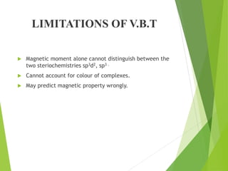 LIMITATIONS OF V.B.T
 Magnetic moment alone cannot distinguish between the
two steriochemistries sp3d2, sp3 .
 Cannot account for colour of complexes.
 May predict magnetic property wrongly.
 