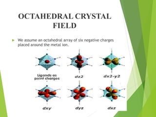 OCTAHEDRAL CRYSTAL
FIELD
 We assume an octahedral array of six negative charges
placed around the metal ion.
 