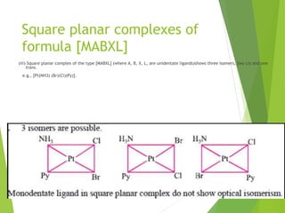 Square planar complexes of
formula [MABXL]
(iii) Square planar complex of the type [MABXL] (where A, B, X, L, are unidentate ligands)shows three isomers, two cis and one
trans.
e.g., [Pt(NH3) (Br)(Cl)(Py)].
 