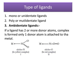 Type of ligands
1. mono or unidentate ligands
2. Poly or mutlidentate ligand
3. Ambidentate ligands:-
If a ligand has 2 or more donor atoms, complex
is formed only 1 donor atom is attached to tha
metal.
 