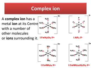 Complex ion
A complex ion has a
metal ion at its Centre
with a number of
other molecules
or ions surrounding it.
 