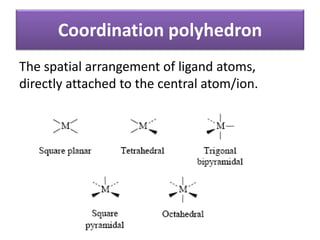 Coordination polyhedron
The spatial arrangement of ligand atoms,
directly attached to the central atom/ion.
 