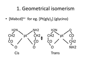 1. Geometrical isomerism
• [Mabcd]n+ for eg. [Pt(gly)2] (glycino)
H2N NH2 H2N O
CH2 pt CH2 CH2 pt CO
CO CO CO CH2
O O O NH2
Cis Trans
 