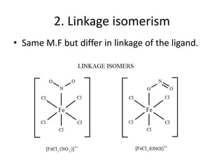 2. Linkage isomerism
• Same M.F but differ in linkage of the ligand.
 