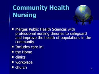 Community Health Nursing Merges Public Health Sciences with professional nursing theories to safeguard and improve the health of populations in the community  Includes care in: the Home clinics workplace church 