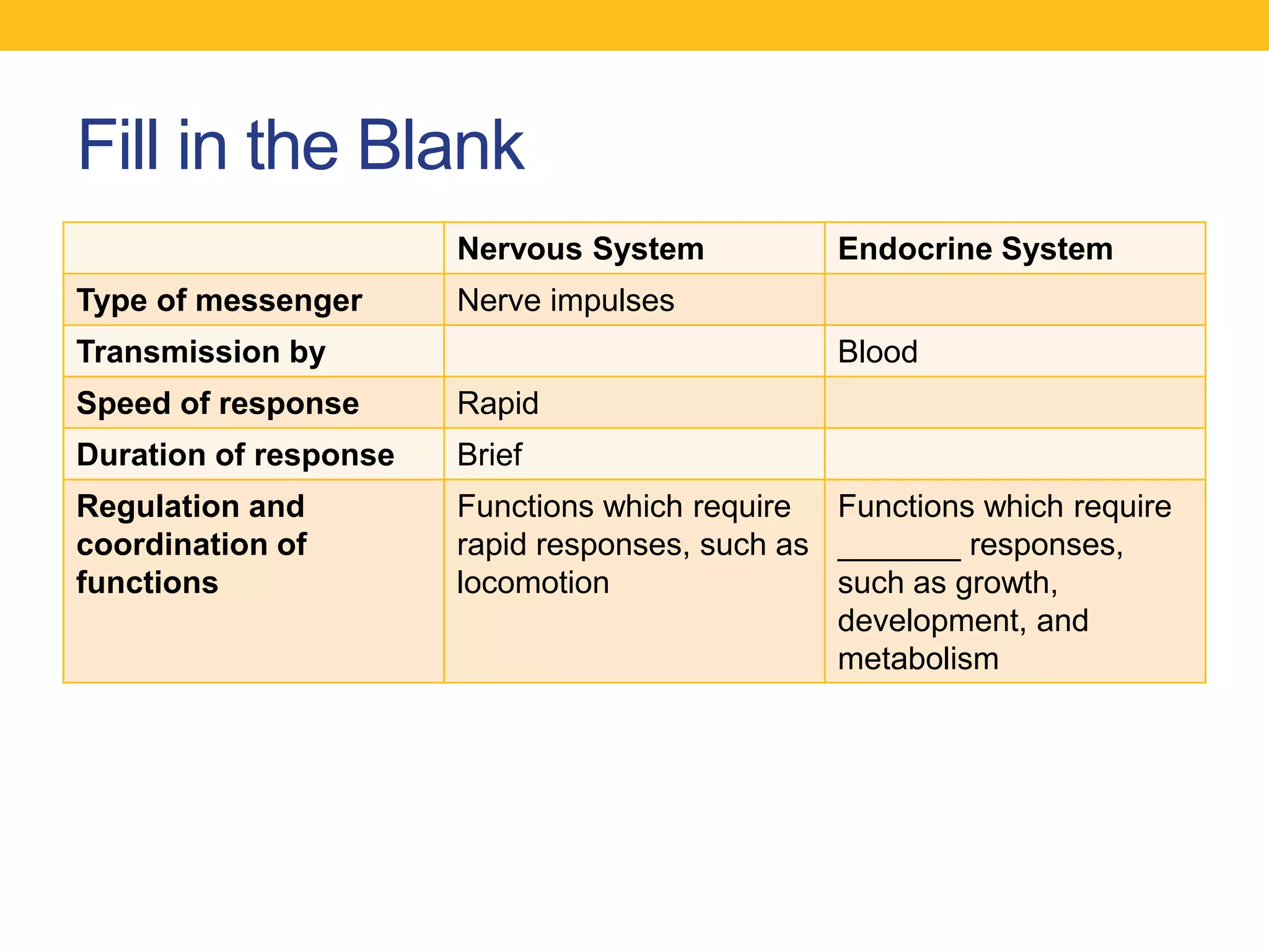 Fill in the Blank
                       Nervous System           Endocrine System
Type of messenger      Nerve impulses
Transmission by                                 Blood
Speed of response      Rapid
Duration of response   Brief
Regulation and         Functions which require Functions which require
coordination of        rapid responses, such as _______ responses,
functions              locomotion               such as growth,
                                                development, and
                                                metabolism
 