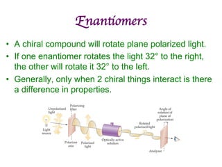 Enantiomers	

• A chiral compound will rotate plane polarized light.
• If one enantiomer rotates the light 32° to the right,
the other will rotate it 32° to the left.
• Generally, only when 2 chiral things interact is there
a difference in properties.
 