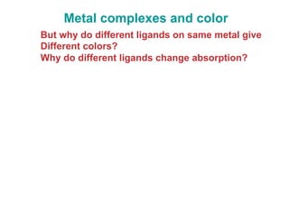 Metal complexes and color
But why do different ligands on same metal give
Different colors?
Why do different ligands change absorption?
 