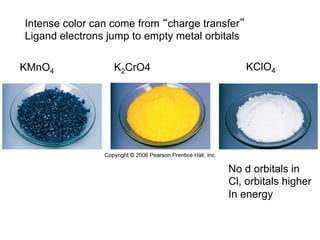 KMnO4 K2CrO4 KClO4
Intense color can come from “charge transfer”
Ligand electrons jump to empty metal orbitals
No d orbitals in
Cl, orbitals higher
In energy
 