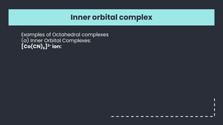 Inner orbital complex
Examples of Octahedral complexes
(a) Inner Orbital Complexes:
[Co(CN)6]3- ion:
 