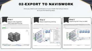 02-EXPORT TO NAVISWORK
Once you need to sart coordination on your model, then all you have to
do is just the following steps.
Step 1
Adjust links together
then save positioning
Step 2
Adjust exporting setting
Step 3
Exporting RVT files to NWC
 