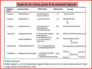 Some bi, tri, tretra, penta & hexadentade ligands
Chelate ligand :
Chelate ligand is a di or polydentate ligand which uses its two or more donor atoms to bind
a single metal ion producing a ring.
 