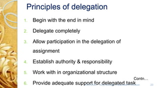 Principles of delegation
1. Begin with the end in mind
2. Delegate completely
3. Allow participation in the delegation of
assignment
4. Establish authority & responsibility
5. Work with in organizational structure
6. Provide adequate support for delegated task8/20/2020 Anju George , Associate Professor. 20
Contn…
 