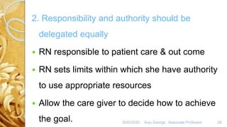 8/20/2020 Anju George , Associate Professor. 28
2. Responsibility and authority should be
delegated equally
 RN responsible to patient care & out come
 RN sets limits within which she have authority
to use appropriate resources
 Allow the care giver to decide how to achieve
the goal.
 