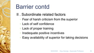 II . Subordinate related factors
◦ Fear of harsh criticism from the superior
◦ Lack of self confidence
◦ Lack of proper training
◦ Inadequate positive incentives
◦ Easy availability of superior for taking decisions
8/20/2020 Anju George , Associate Professor. 36
 