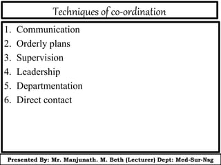 Techniques of co-ordination
1. Communication
2. Orderly plans
3. Supervision
4. Leadership
5. Departmentation
6. Direct contact
Presented By: Mr. Manjunath. M. Beth (Lecturer) Dept: Med-Sur-Nsg
 