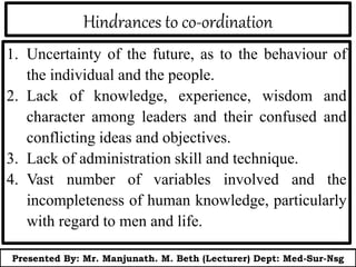 Hindrances to co-ordination
1. Uncertainty of the future, as to the behaviour of
the individual and the people.
2. Lack of knowledge, experience, wisdom and
character among leaders and their confused and
conflicting ideas and objectives.
3. Lack of administration skill and technique.
4. Vast number of variables involved and the
incompleteness of human knowledge, particularly
with regard to men and life.
Presented By: Mr. Manjunath. M. Beth (Lecturer) Dept: Med-Sur-Nsg
 