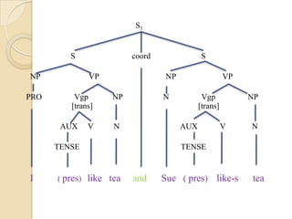                                                       S1                      S                            coord                         S  NP                        VP                                 NP                       VPPRO                Vgp            NP                    N                Vgp                NP                      [trans]                                 [trans]                  AUX     V          N                              AUX           V             N                TENSE                                                  TENSEI            ( pres)   like   tea     and      Sue   ( pres)    like-s      tea