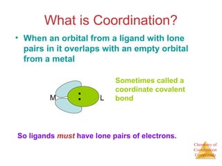 Chemistry of 
Coordination 
Compounds 
What is Coordination? 
• When an orbital from a ligand with lone 
pairs in it overlaps with an empty orbital 
from a metal 
M L 
Sometimes called a 
coordinate covalent 
bond 
So ligands must have lone pairs of electrons. 
 