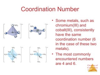 Chemistry of 
Coordination 
Compounds 
Coordination Number 
• Some metals, such as 
chromium(III) and 
cobalt(III), consistently 
have the same 
coordination number (6 
in the case of these two 
metals). 
• The most commonly 
encountered numbers 
are 4 and 6. 
 