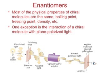 Chemistry of 
Coordination 
Compounds 
Enantiomers 
• Most of the physical properties of chiral 
molecules are the same, boiling point, 
freezing point, density, etc. 
• One exception is the interaction of a chiral 
molecule with plane-polarized light. 
 