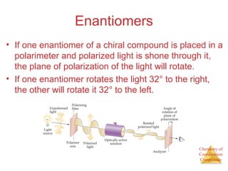 Chemistry of 
Coordination 
Compounds 
Enantiomers 
• If one enantiomer of a chiral compound is placed in a 
polarimeter and polarized light is shone through it, 
the plane of polarization of the light will rotate. 
• If one enantiomer rotates the light 32° to the right, 
the other will rotate it 32° to the left. 
 