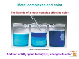 Chemistry of 
Coordination 
Compounds 
Metal complexes and color 
The ligands of a metal complex effect its color 
Addition of NH3 ligand to Cu(H2O)4 changes its color 
 