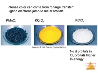 Chemistry of 
Coordination 
Compounds 
Intense color can come from “charge transfer” 
Ligand electrons jump to metal orbitals 
KMnO4 KCrO4 KClO4 
No d orbitals in 
Cl, orbitals higher 
In energy 
 
