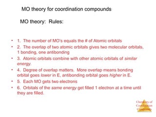 Chemistry of 
Coordination 
Compounds 
MO theory for coordination compounds 
MO theory: Rules: 
• 1. The number of MO’s equals the # of Atomic orbitals 
• 2. The overlap of two atomic orbitals gives two molecular orbitals, 
1 bonding, one antibonding 
• 3. Atomic orbitals combine with other atomic orbitals of similar 
energy. 
• 4. Degree of overlap matters. More overlap means bonding 
orbital goes lower in E, antibonding orbital goes higher in E. 
• 5. Each MO gets two electrons 
• 6. Orbitals of the same energy get filled 1 electron at a time until 
they are filled. 
 