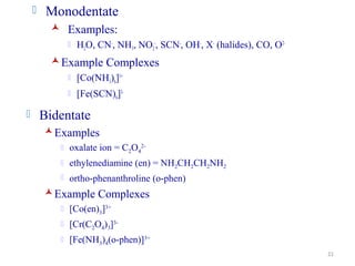 21
 Monodentate
 Examples:
 H2O, CN-
, NH3, NO2
-
, SCN-
, OH-
, X-
(halides), CO, O2-
Example Complexes
 [Co(NH3)6]3+
 [Fe(SCN)6]3-
 Bidentate
Examples
 oxalate ion = C2O4
2-
 ethylenediamine (en) = NH2CH2CH2NH2
 ortho-phenanthroline (o-phen)
Example Complexes
 [Co(en)3]3+
 [Cr(C2O4)3]3-
 [Fe(NH3)4(o-phen)]3+
 