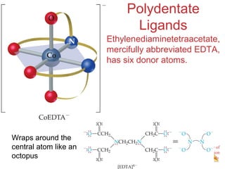 Chemistry of
Coordination
Compounds
Polydentate
Ligands
Ethylenediaminetetraacetate,
mercifully abbreviated EDTA,
has six donor atoms.
Wraps around the
central atom like an
octopus
 