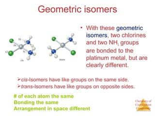 Chemistry of
Coordination
Compounds
Geometric isomers
• With these geometric
isomers, two chlorines
and two NH3 groups
are bonded to the
platinum metal, but are
clearly different.
cis-Isomers have like groups on the same side.
trans-Isomers have like groups on opposite sides.
# of each atom the same
Bonding the same
Arrangement in space different
 