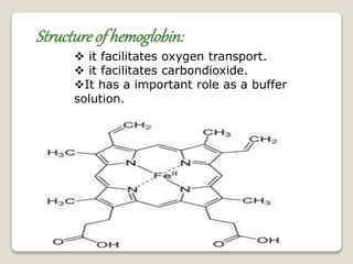 Structure of hemoglobin:
 it facilitates oxygen transport.
 it facilitates carbondioxide.
It has a important role as a buffer
solution.
 