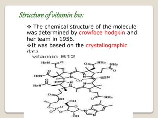 Structure of vitaminb12:
 The chemical structure of the molecule
was determined by crowfoce hodgkin and
her team in 1956.
It was based on the crystallographic
data.
 