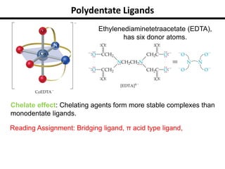 Ethylenediaminetetraacetate (EDTA),
has six donor atoms.
Polydentate Ligands
Chelate effect: Chelating agents form more stable complexes than
monodentate ligands.
Reading Assignment: Bridging ligand, π acid type ligand,
 