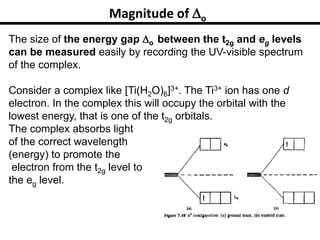 Magnitude of o
The size of the energy gap o between the t2g and eg levels
can be measured easily by recording the UV-visible spectrum
of the complex.
Consider a complex like [Ti(H2O)6]3+. The Ti3+ ion has one d
electron. In the complex this will occupy the orbital with the
lowest energy, that is one of the t2g orbitals.
The complex absorbs light
of the correct wavelength
(energy) to promote the
electron from the t2g level to
the eg level.
 